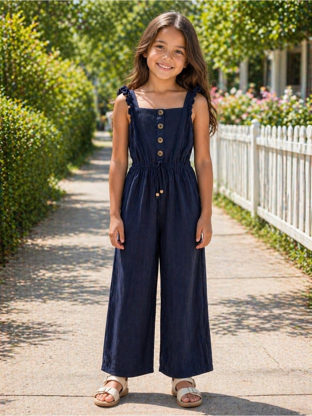 Girls Size 8 Navy Linen Blend Jumpsuit Ruffle Strap Button Front Summer Outfit